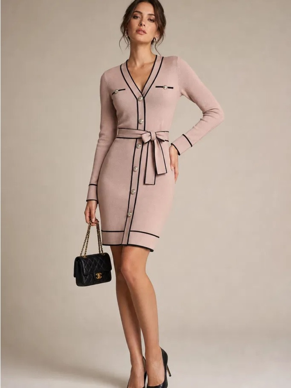 Blush Pink Long-Sleeve Belted Knit Dress